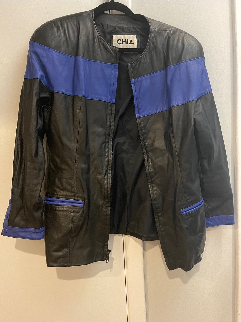 Vintage Black Leather Jacket with Blue Accents